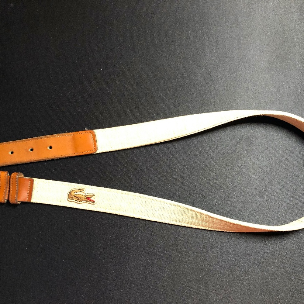 Men's Lacoste Brass Buckle, Brown Leather, & Beige Canvas Belt 32/80 Vintage 80s